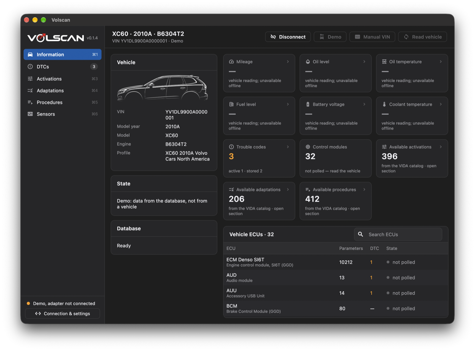 Volscan on macOS showing a Volvo XC60 — VIN, vehicle profile, trouble codes, control modules and live sensor tiles